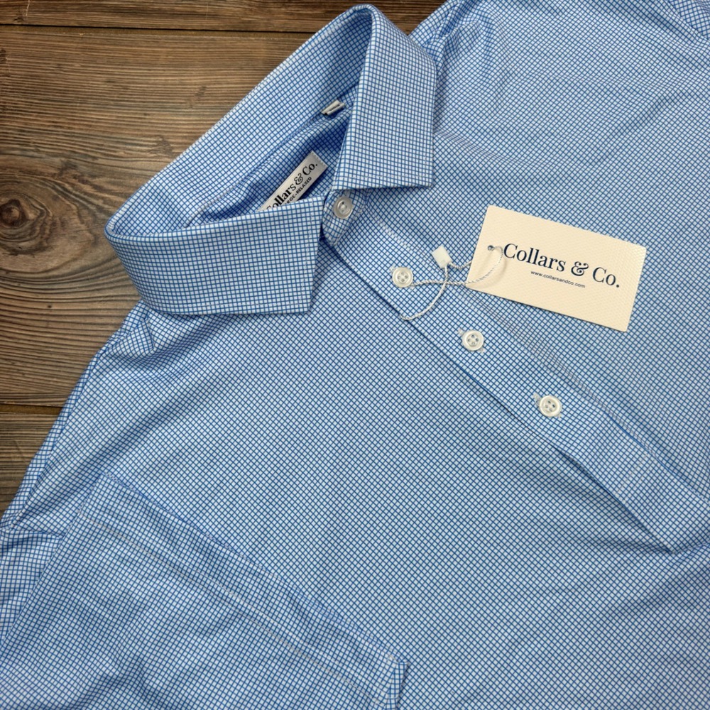 Collars & Co Men Size Large Relaxed Polo Shirt Blue White Micro Check NWT